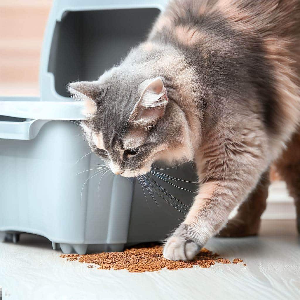 Imagen de un gato utilizando una caja de arena limpia y bien ubicada para ilustrar la importancia de mantener la higiene de la caja de arena en el control de ololores en la casa.