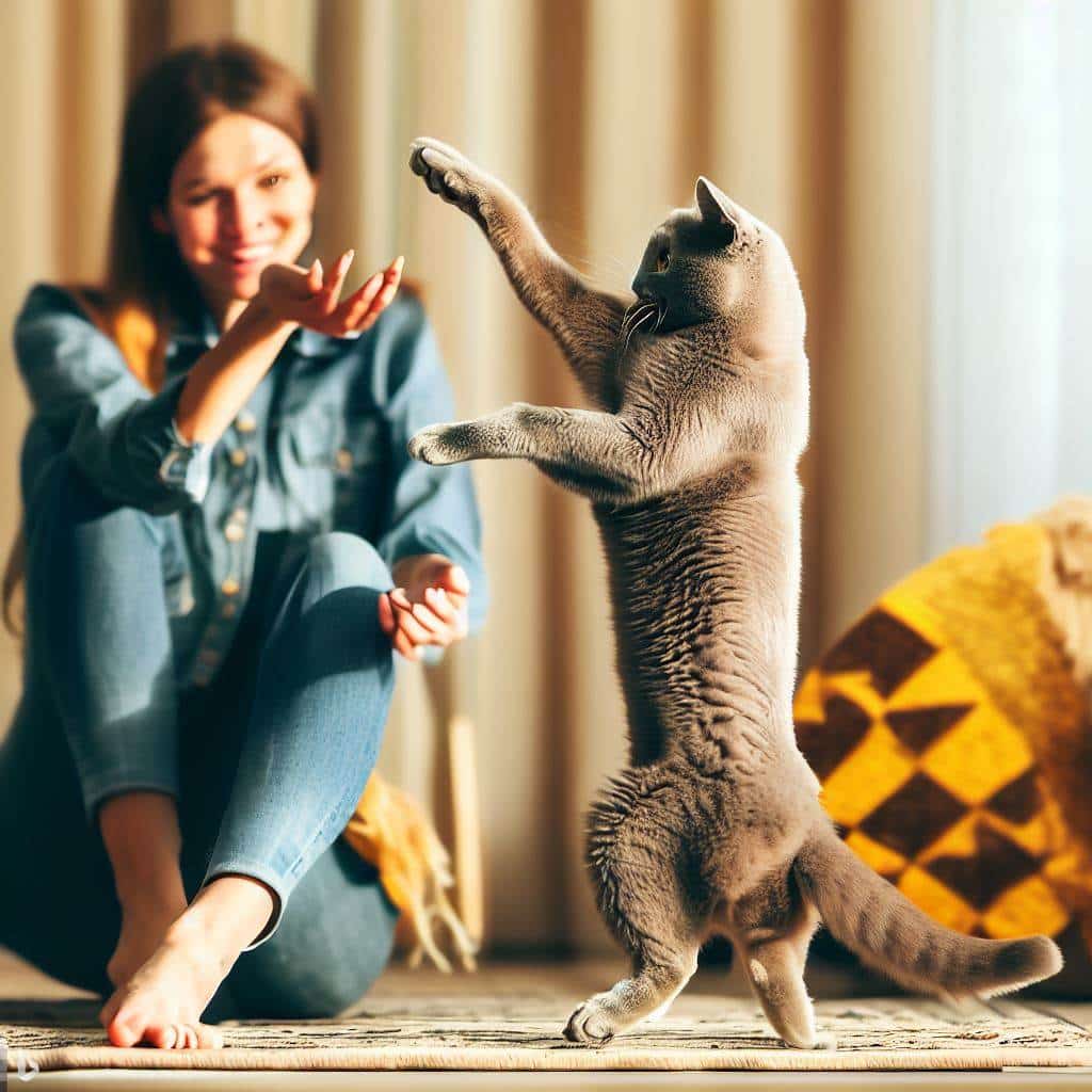 Gato realizando trucos y siguiendo instrucciones de su dueño