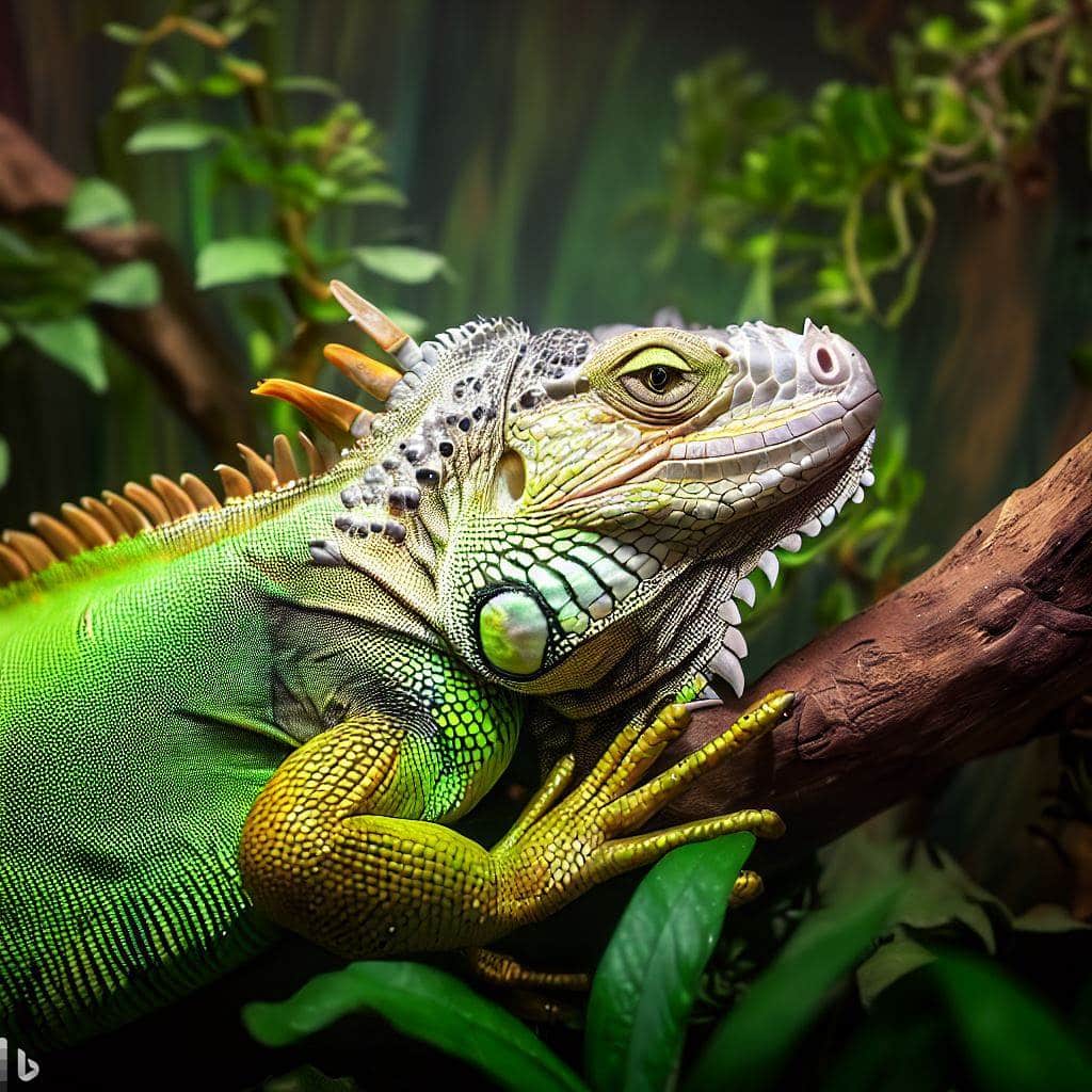 Una iguana verde descansando en una rama en su hábitat controlado, rodeada de vegetación.