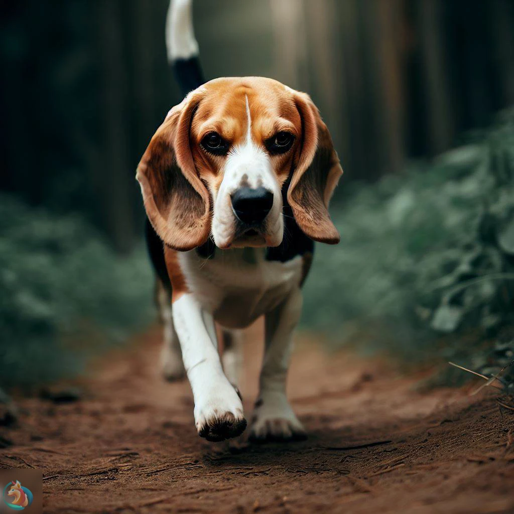 beagle siguiendo un rastro en el bosque