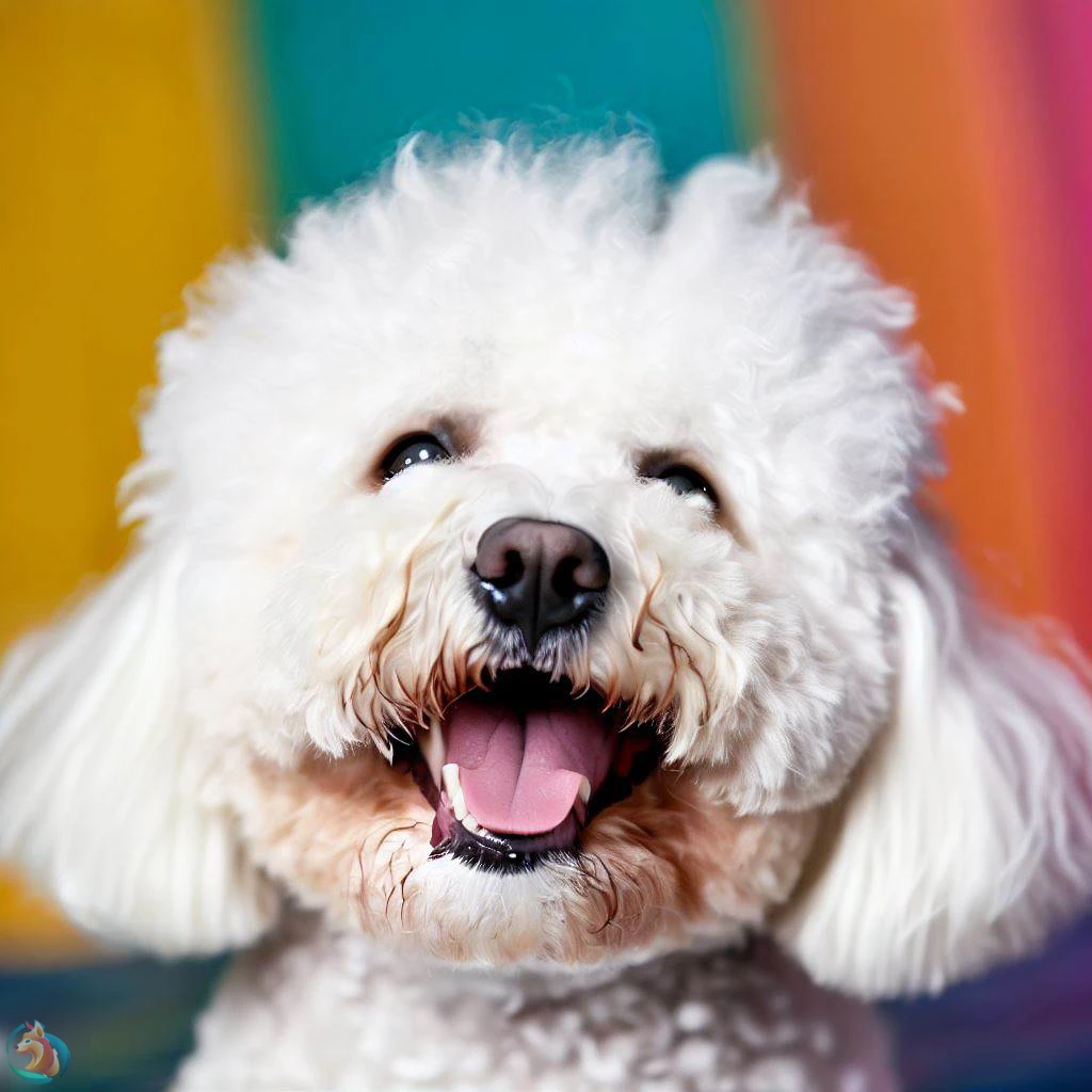 bichon frise sonriendo en un entorno colorido