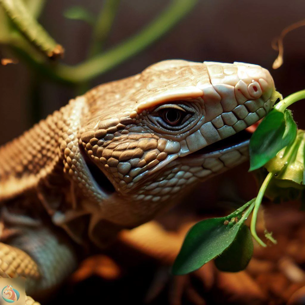 reptil alimentándose de plantas y presas vivas